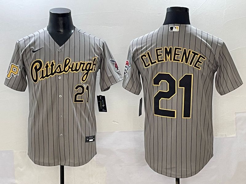 Men 2025 Pittsburgh Pirates #21 Clemente Grey Stripe Throwback Nike MLB Jersey style 2->detroit tigers->MLB Jersey